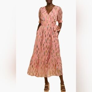 Elegant Pink Women's Wrap Dress with Metallic Details
